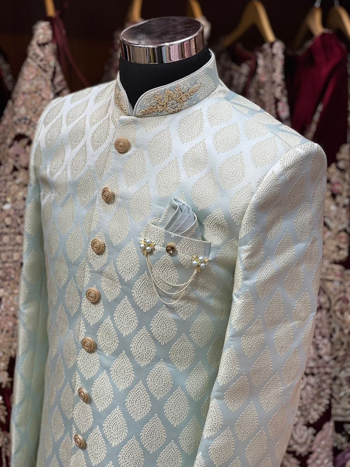 Ice Blue Thread Embroidered Sherwani- S13-S1317