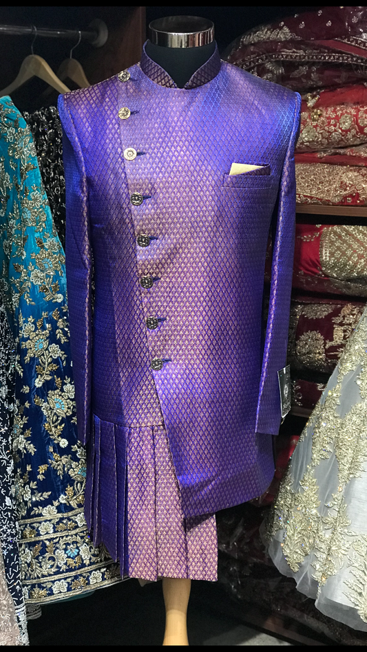 Purple Asymmetric Brocade Sherwani