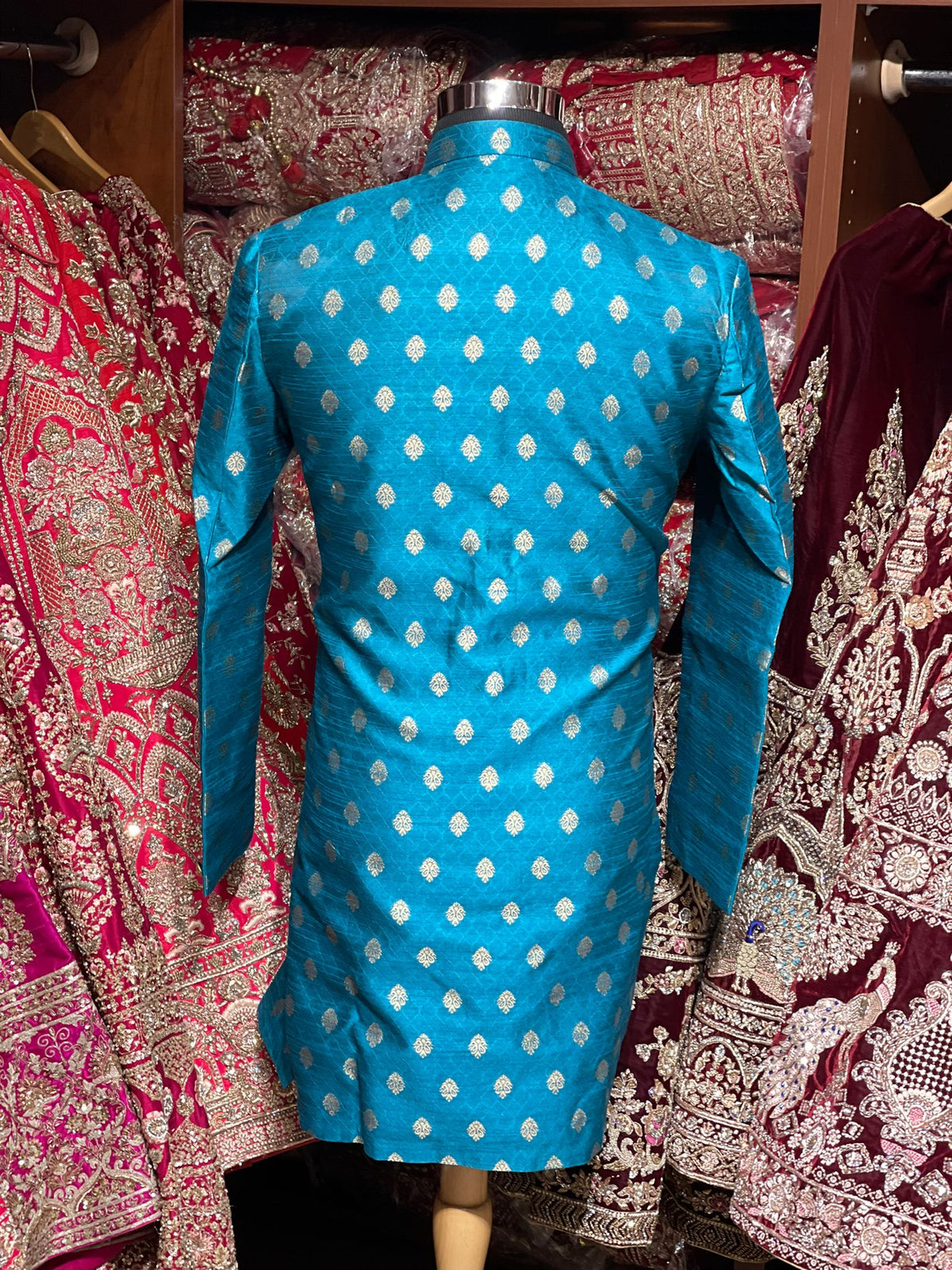 Sky Blue Zari Woven Sherwani with Gold Buta Motifs
