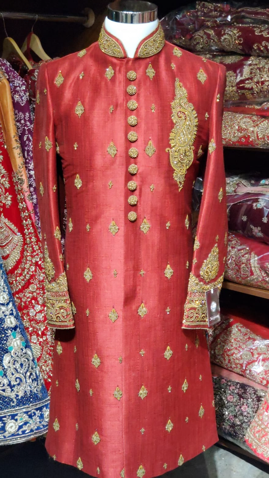 Red Gold Silk Sherwani