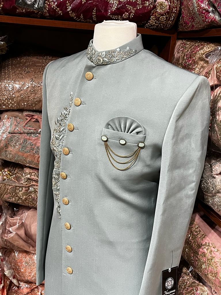 Stone Blue Resham Embroidered Sherwani- 1275