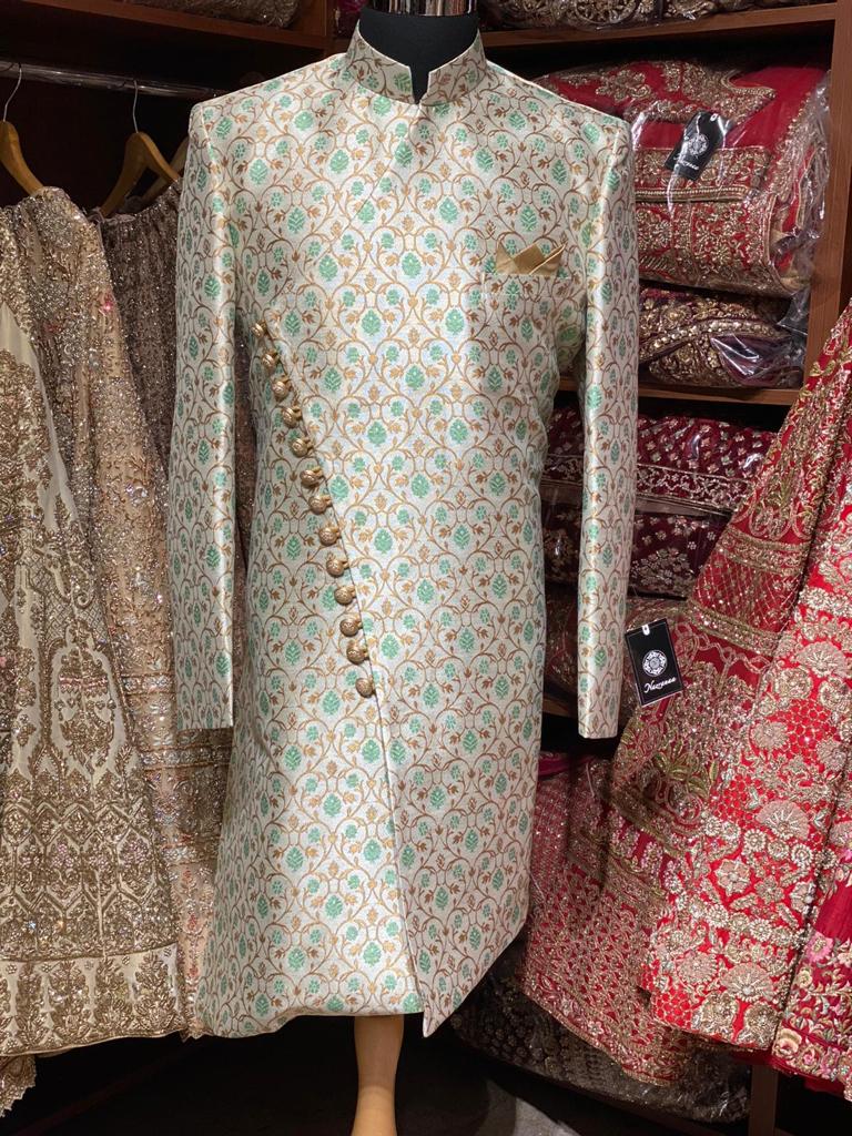 Mint Floral Print Brocade Size 42 Sherwani