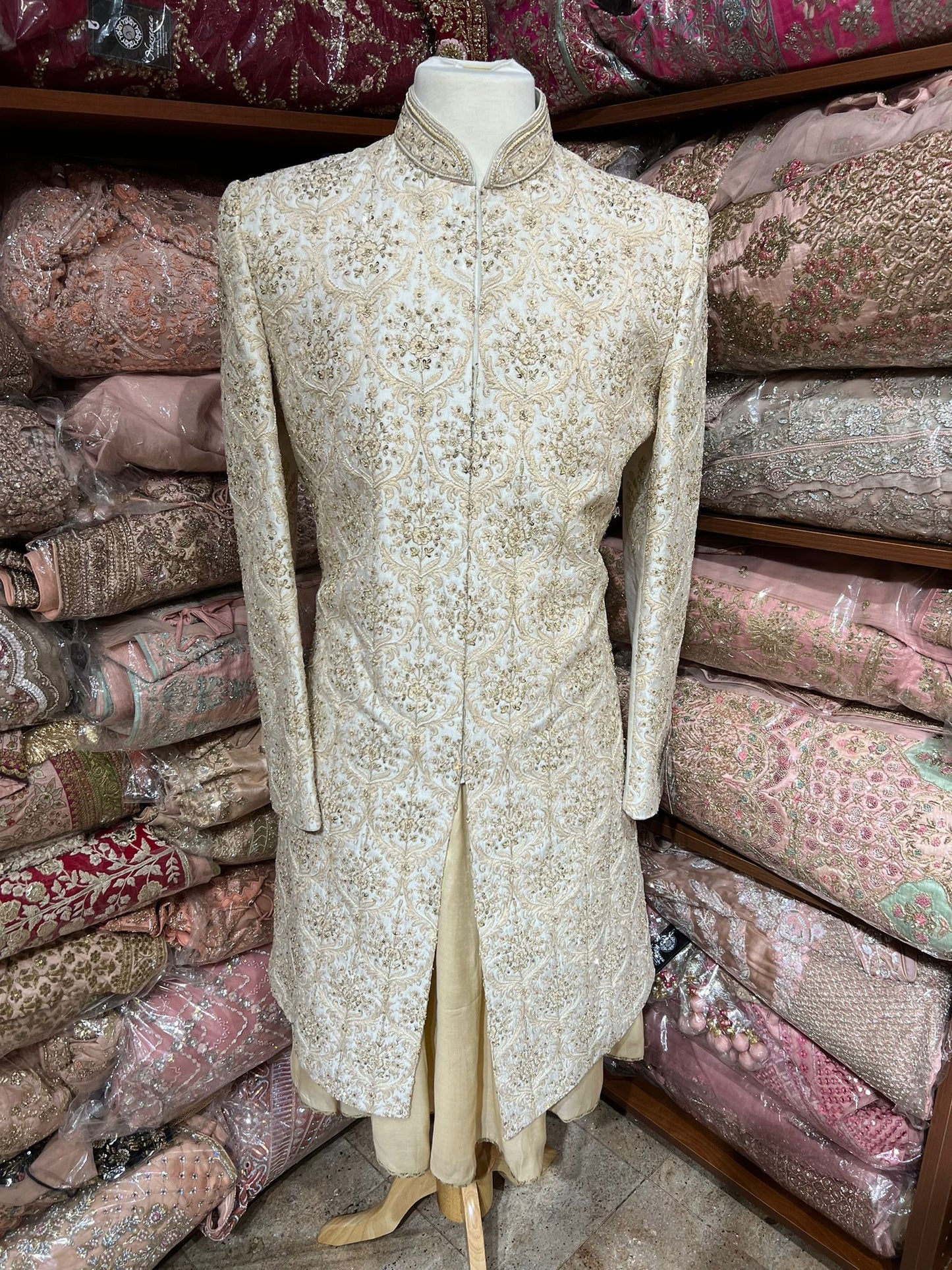 Beige Embroidered Wedding Sherwani