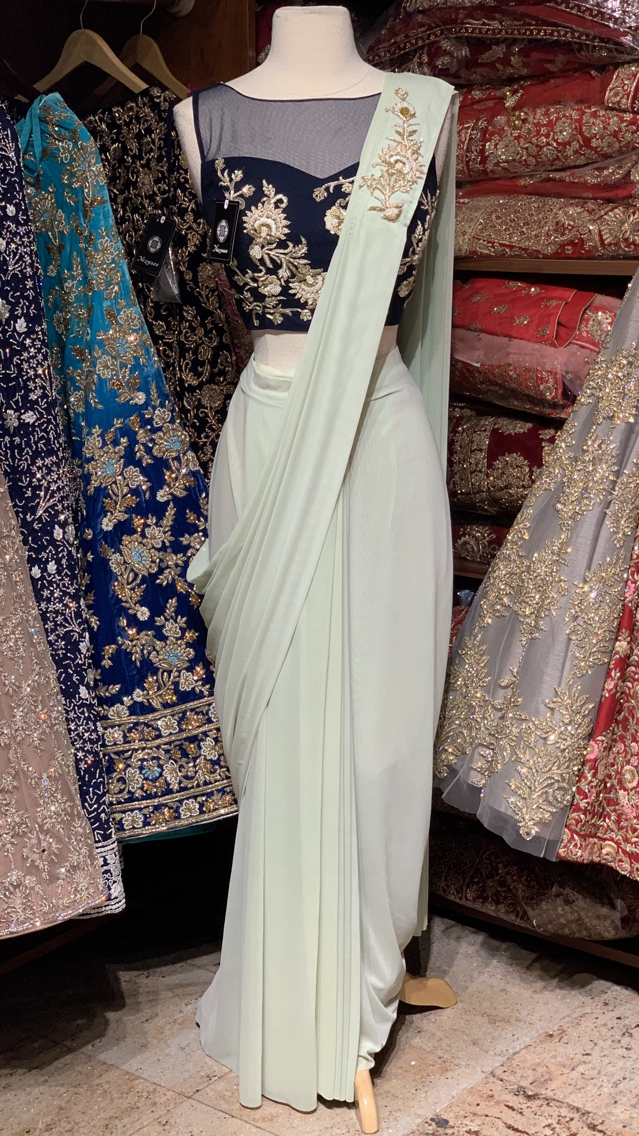 Mint Pre-Stitched Saree W/ Readymade Blouse