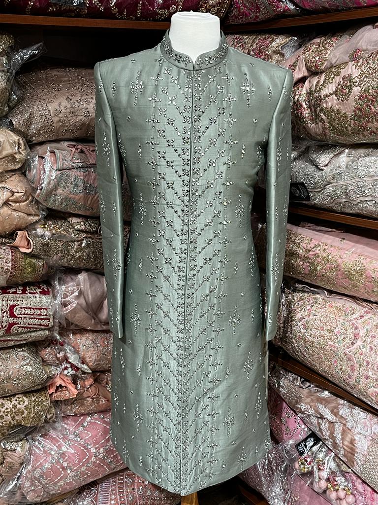 Sage Green Mirror Embroidered Sherwani-S14-13