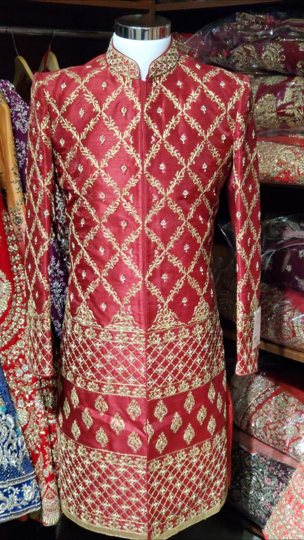 Red Raw Silk Sherwani