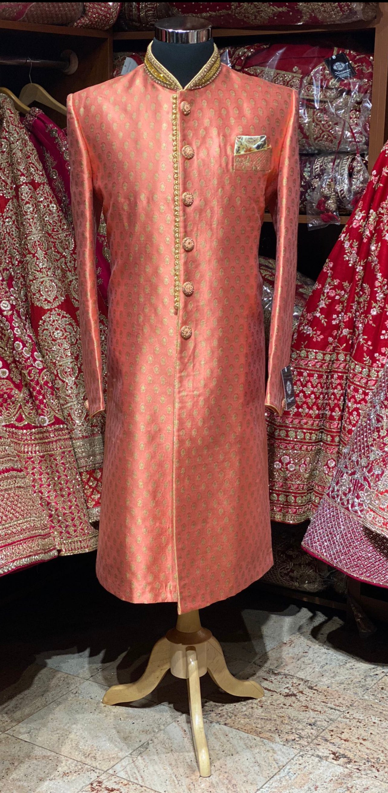 Melon Orange Brocade Sherwani