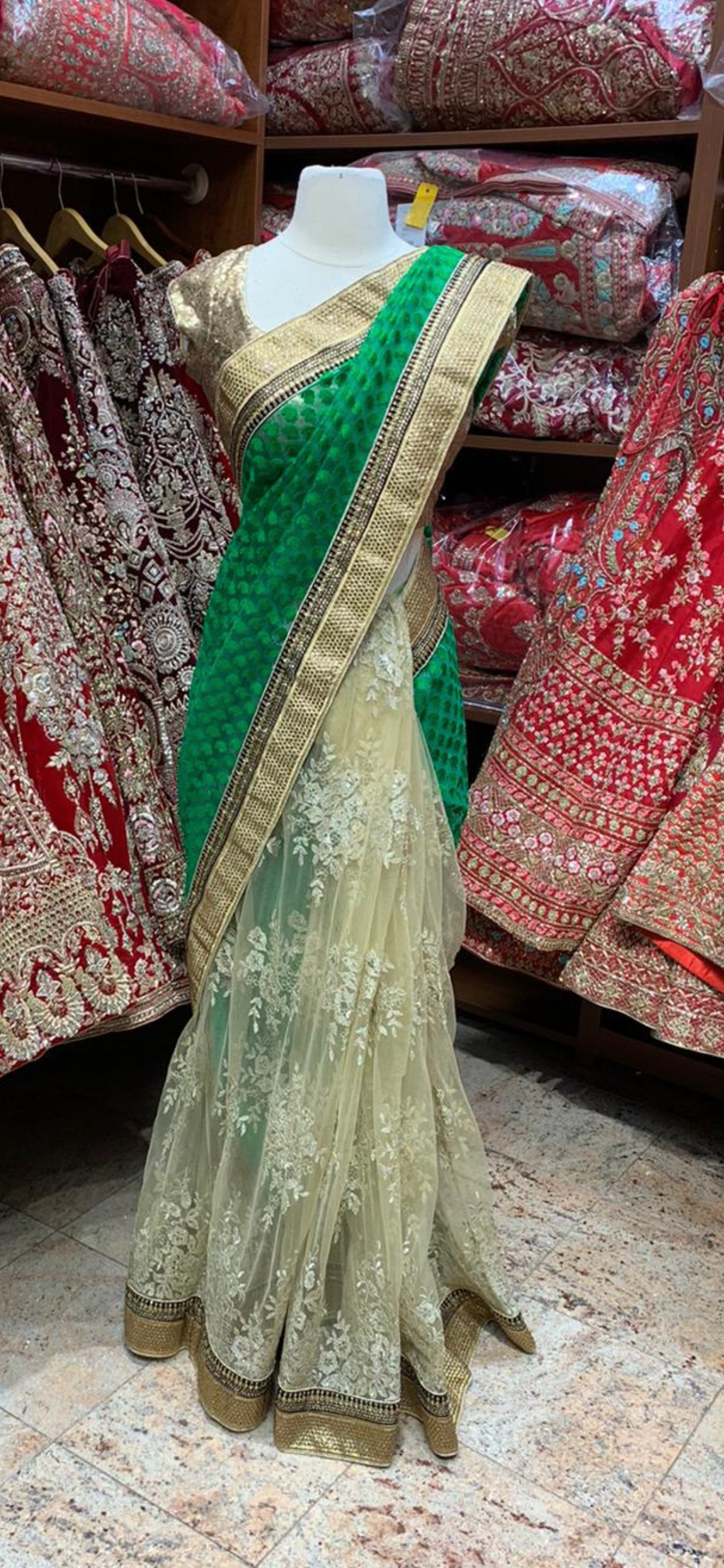 Dark Green & Cream Saree PWS-060