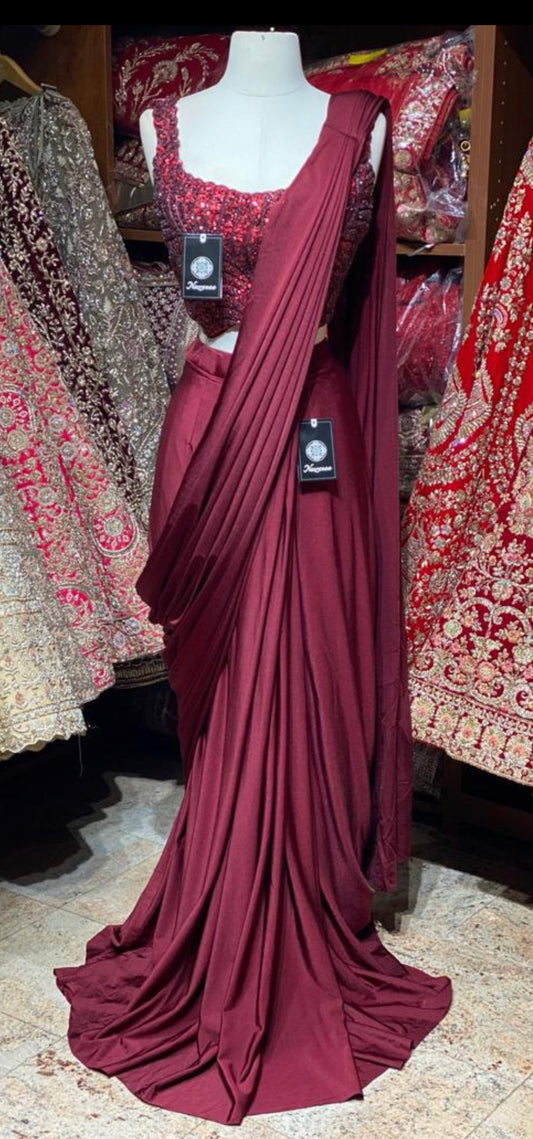 Wine Red Pre-Stitched Saree W/ Readymade Blouse PSS-21