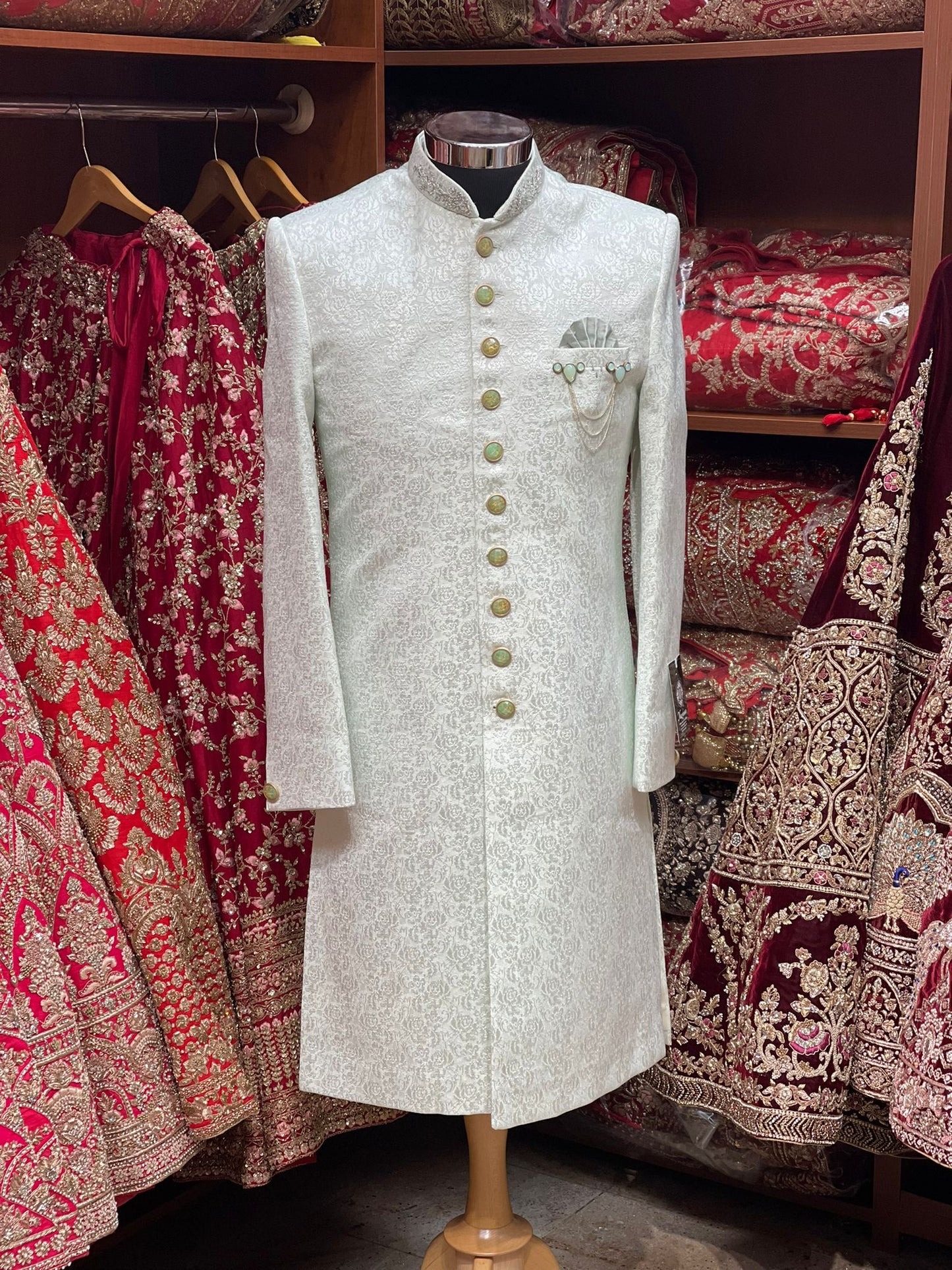 Tea Green Woven Sherwani- 1273