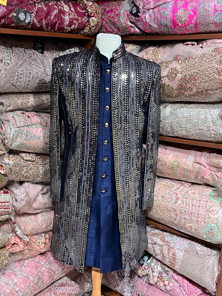 Navy Blue Sequence Embroidered Sherwani-R14-N83