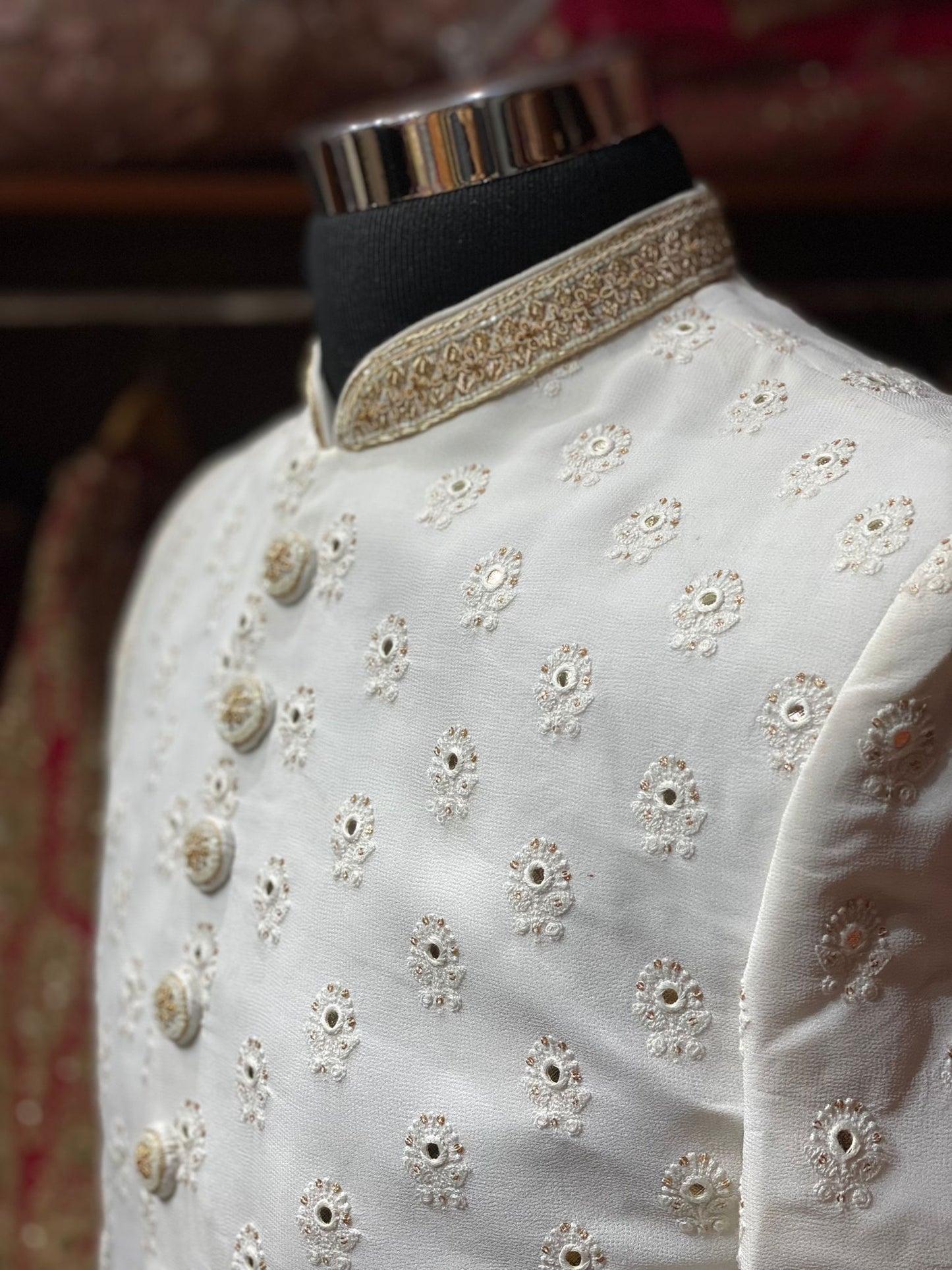 Pearl White Designer Lucknowi Embroidered Sherwani