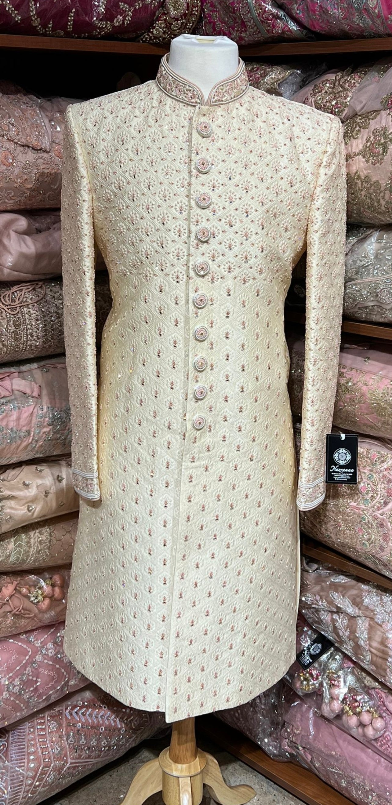 Cream Embroidered Sherwani- A4-S42