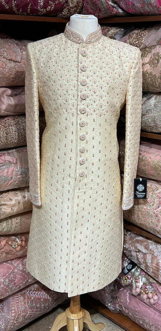 Cream Embroidered Sherwani- A4-S42