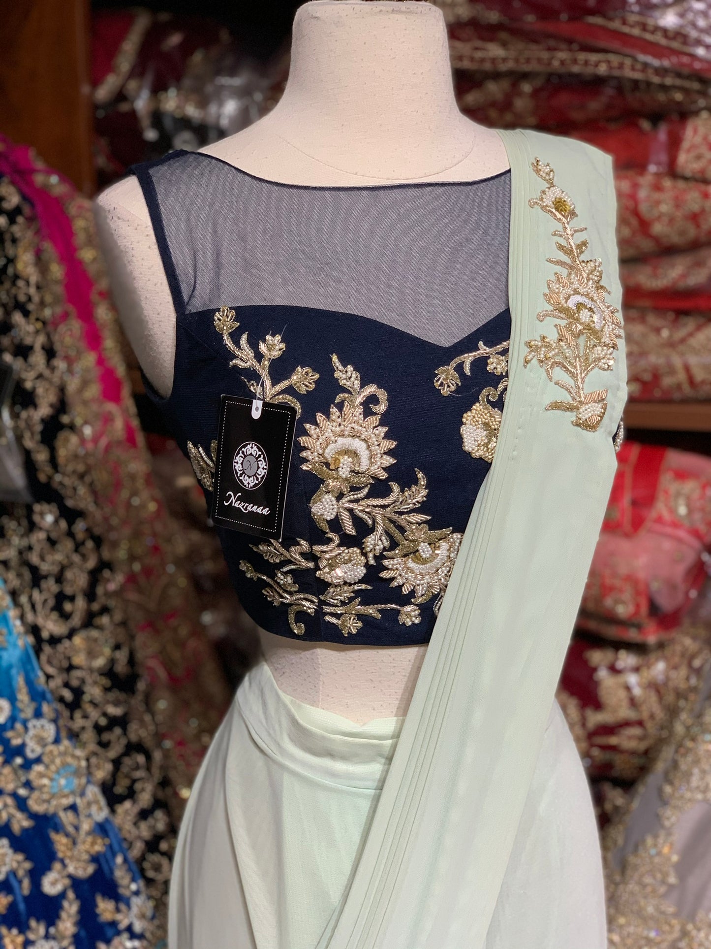 Mint Pre-Stitched Saree W/ Readymade Blouse