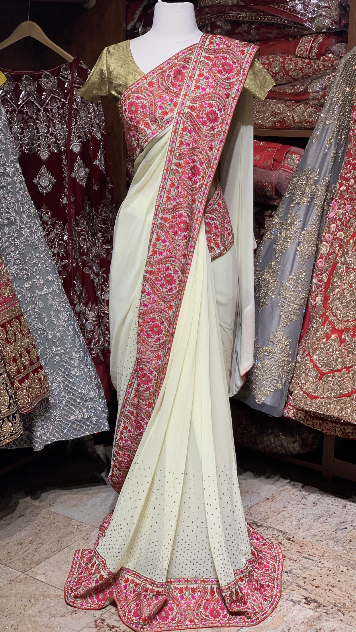 Cream Kashmiri Embroidery Saree