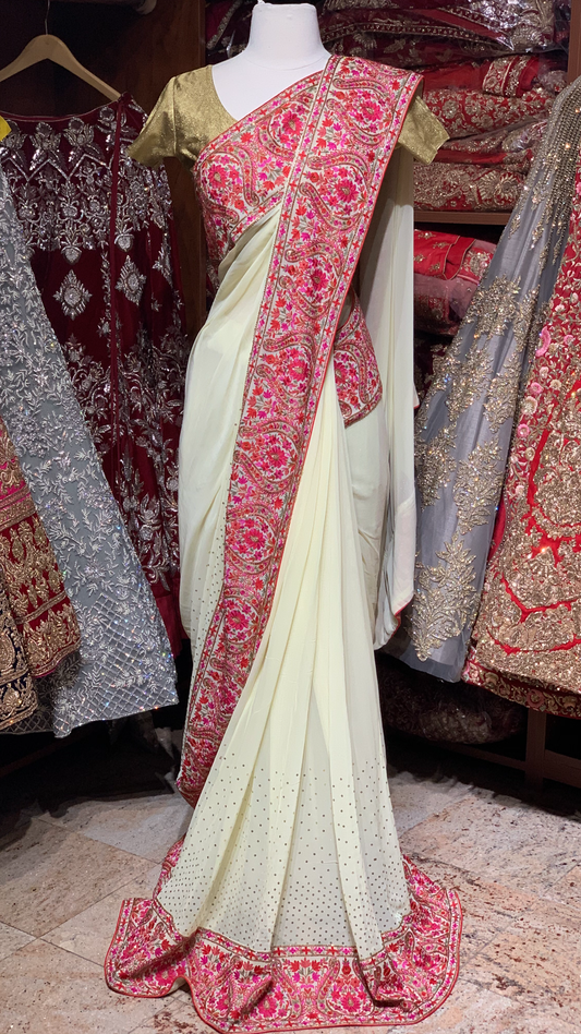 Cream Kashmiri Embroidery Saree