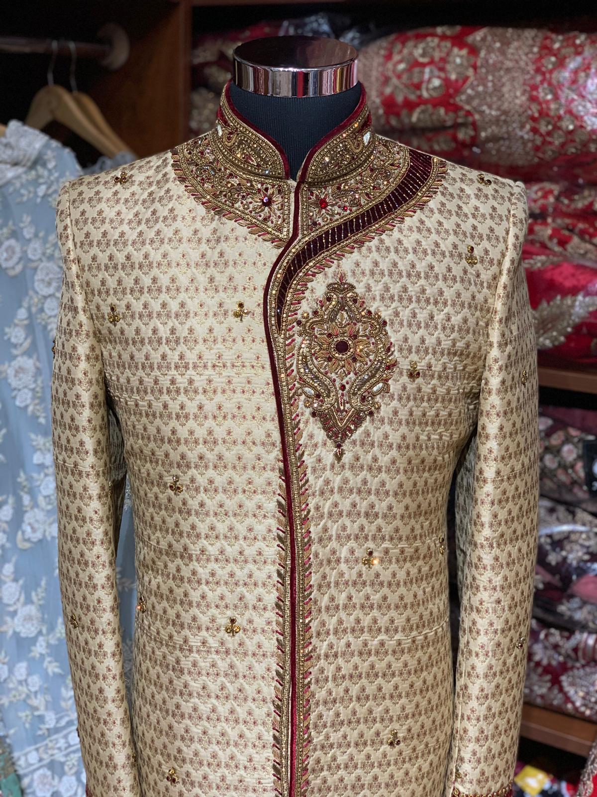 Gold Maroon Size 40 Wedding Sherwani