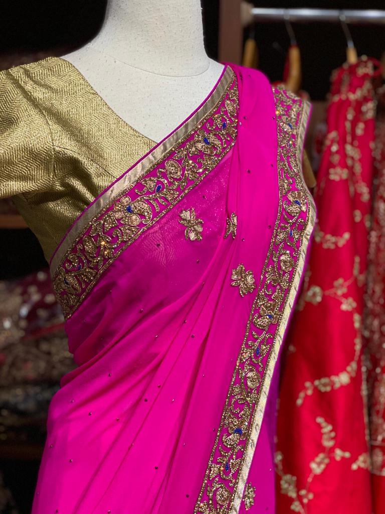 Hot Pink Georgette Saree