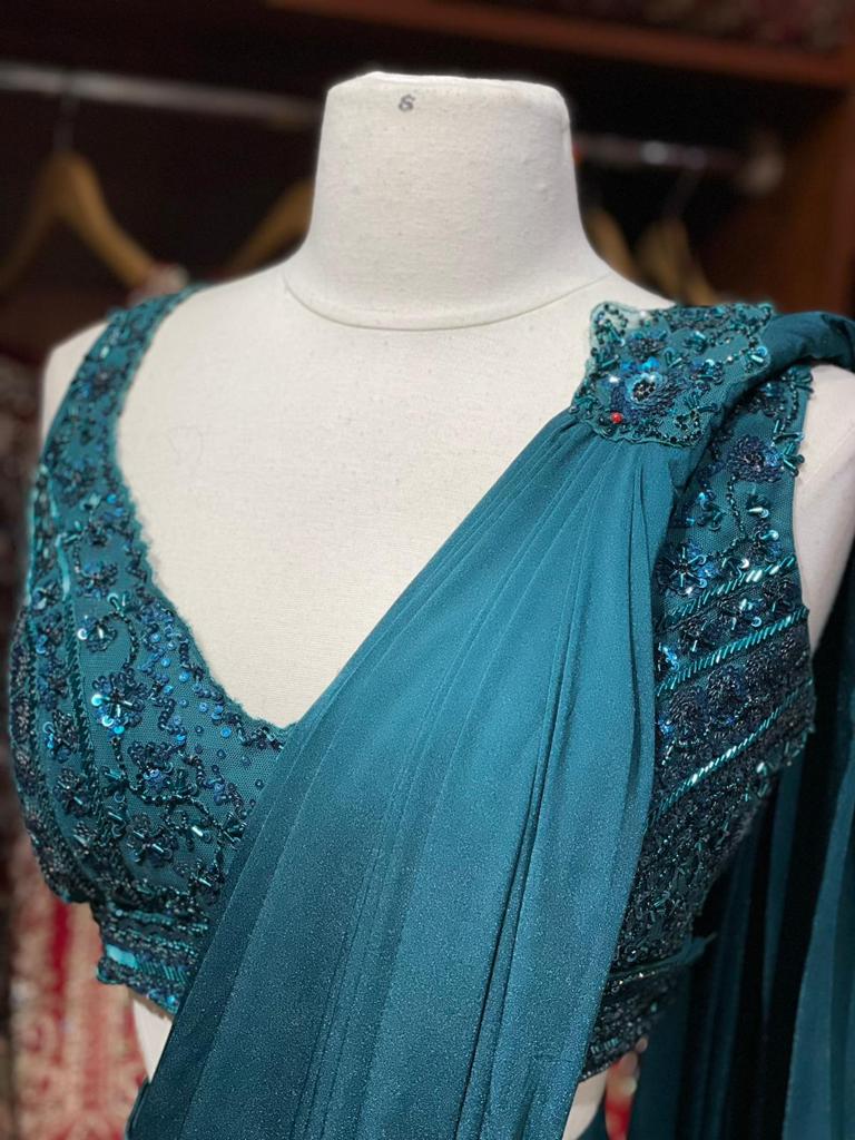 Teal Green Pre-Stitched Saree W/ Readymade Blouse PSS-38