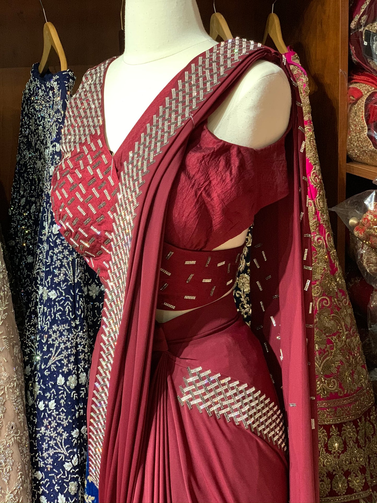 Maroon Pre-Stitched Saree W/ Readymade Blouse PSS-4