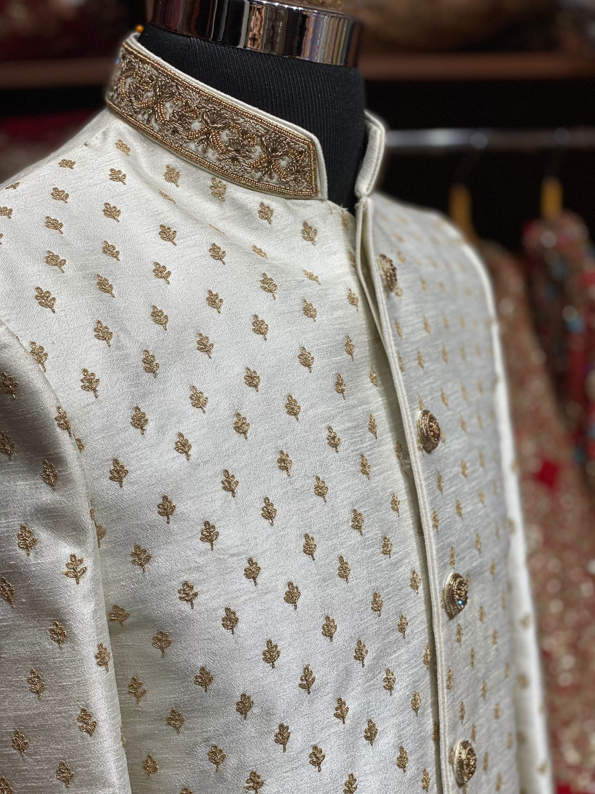 Off White Zari Embroidered Sherwani with Mandarin Collar