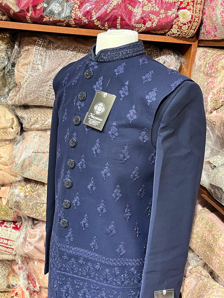 Midnight Blue Thread Embroidered Sherwani-S1429