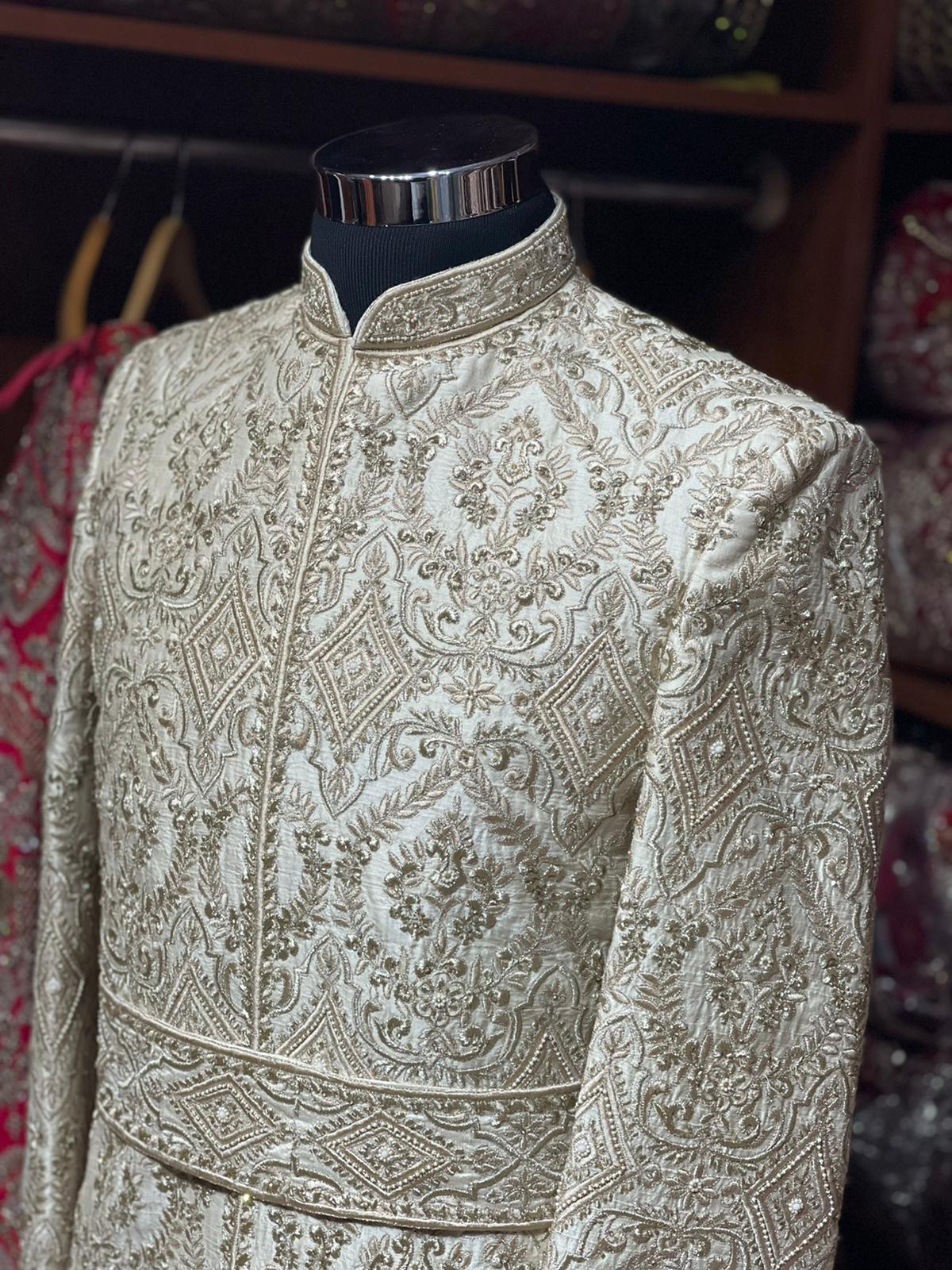 Cream Resham Embroidered Royal Sherwani- 921