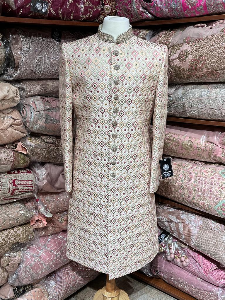 Ivory Mirror Embroidered Sherwani- S13-72