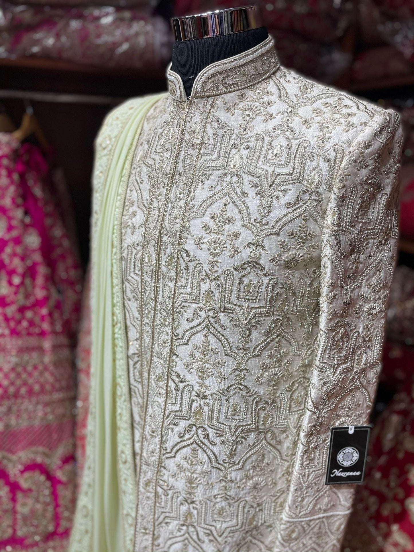 Ivory Silk Embroidered Sherwani-124