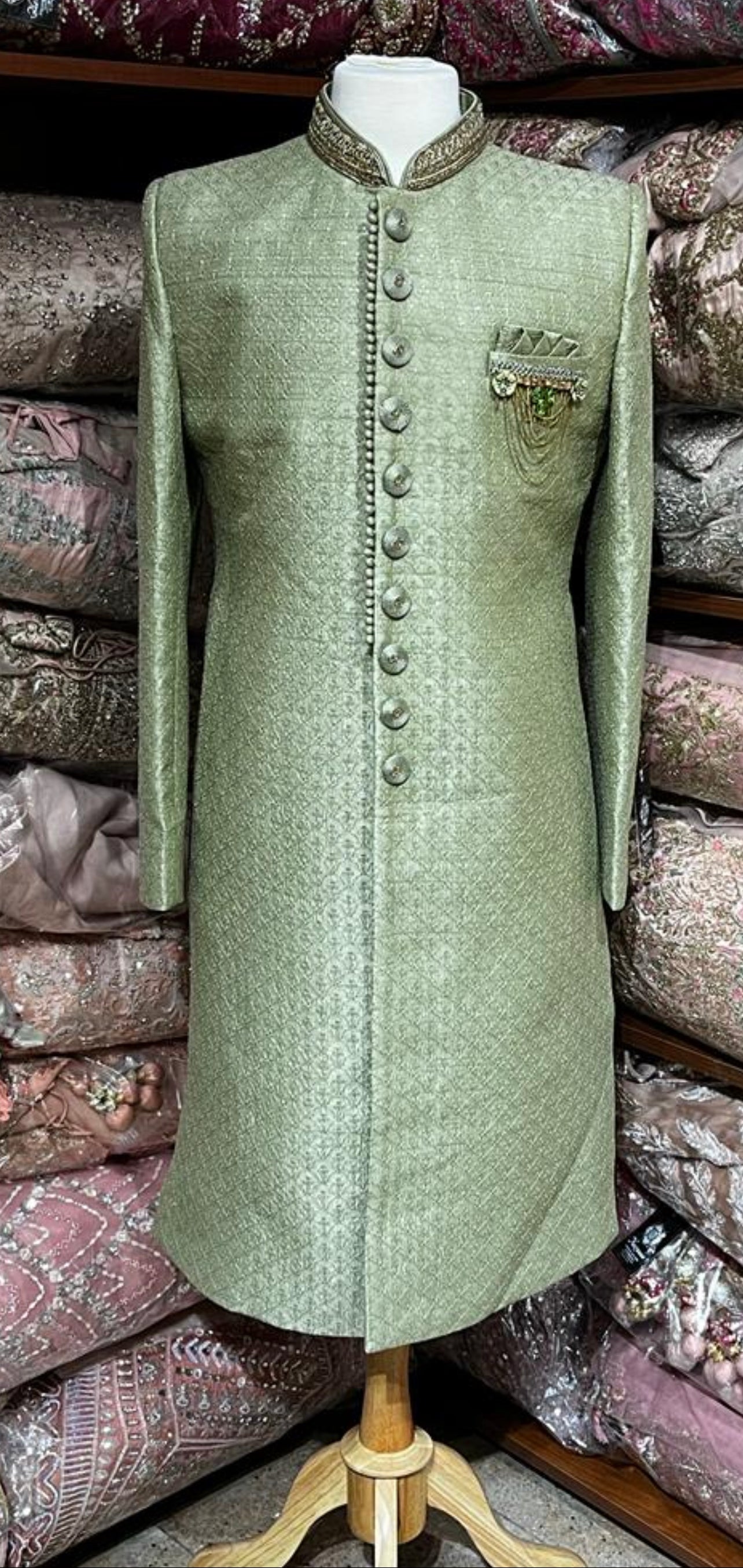 Pine Green Resham Thread Embroidered Sherwani