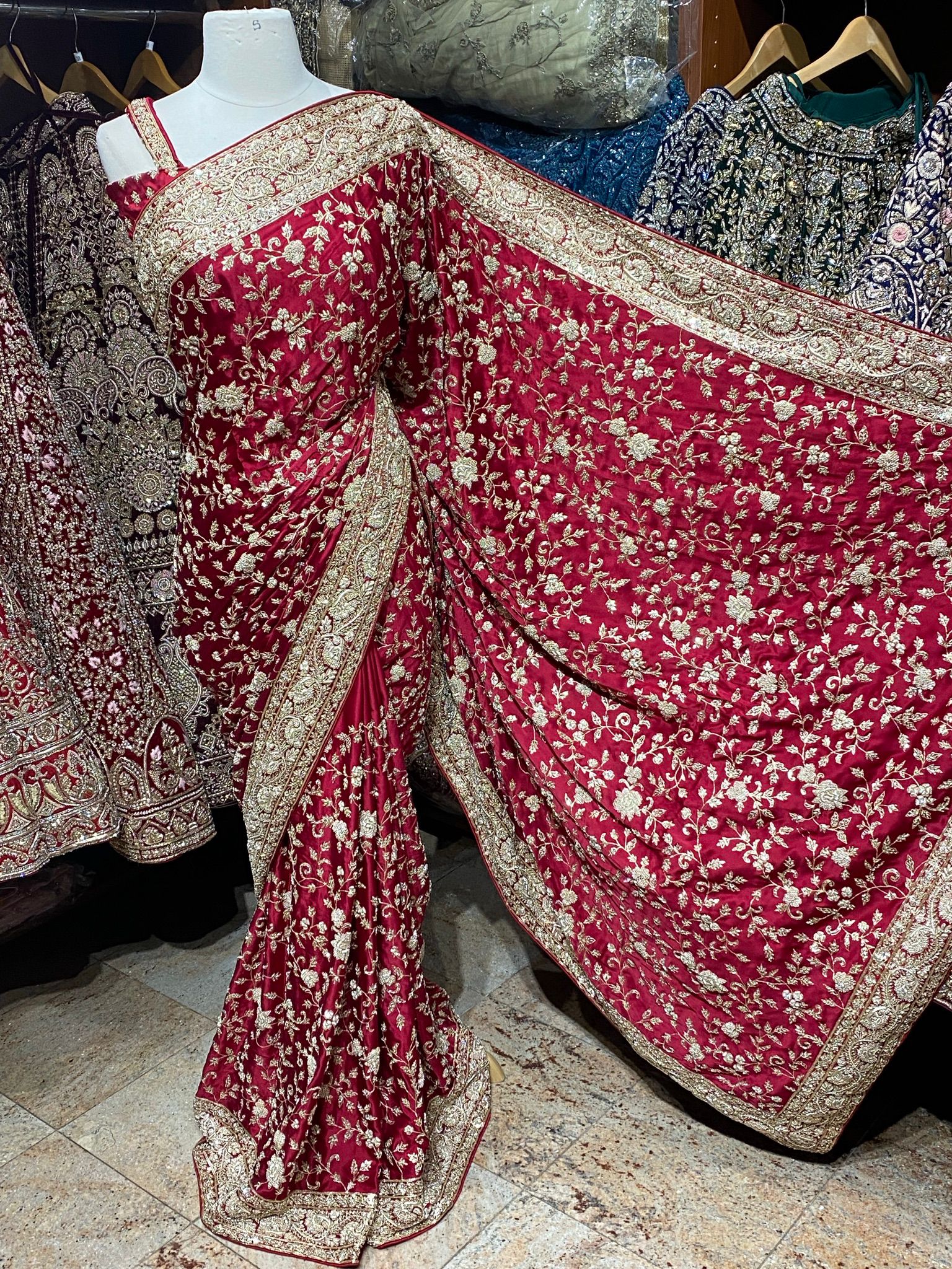 Buy Biking Red Sequins Embroidered Satin Saree Online | Samyakk