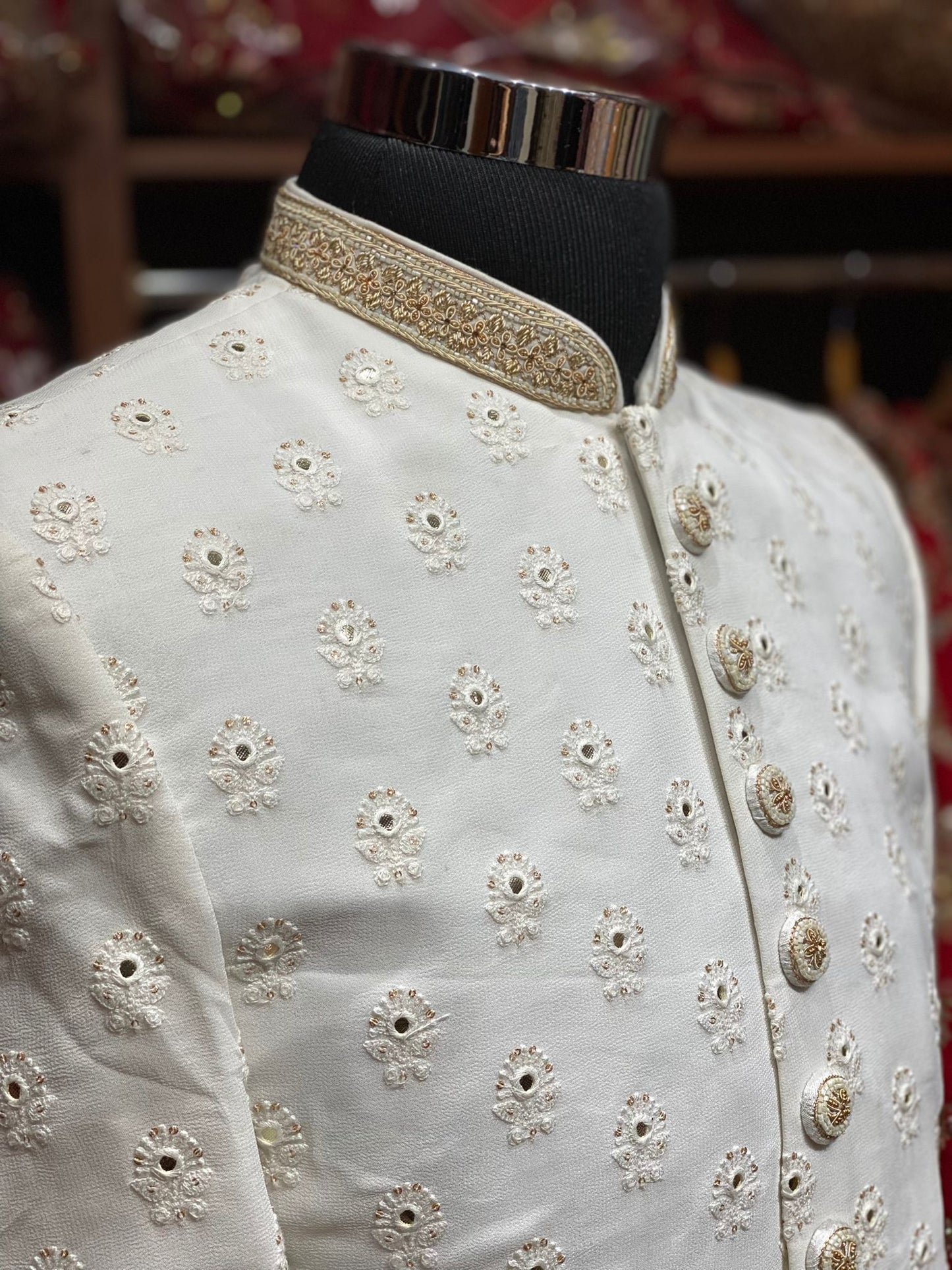 Pearl White Designer Lucknowi Embroidered Sherwani