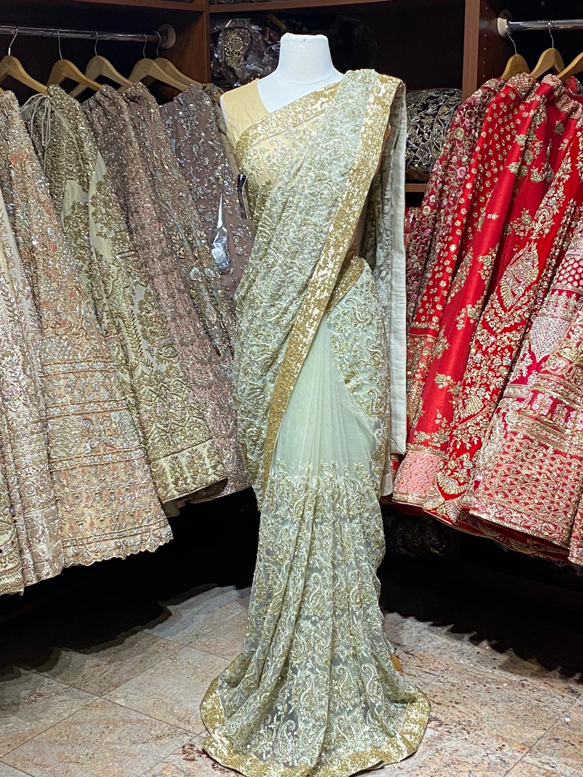 Sage Green Net Saree with Sequin and Cut Dana Embroidery