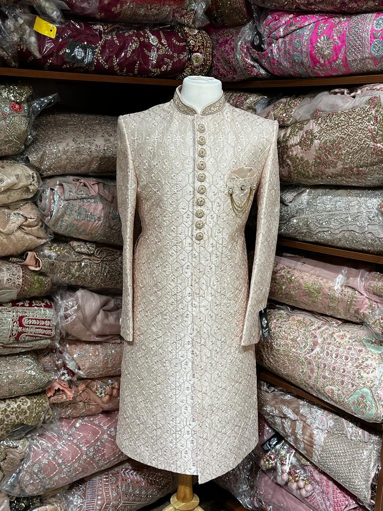 Dusky Peach Floral Thread Embroidered Sherwani-S14-01