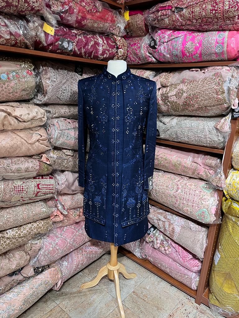 Midnight Blue Mirror Embroidered Sherwani-S13-403