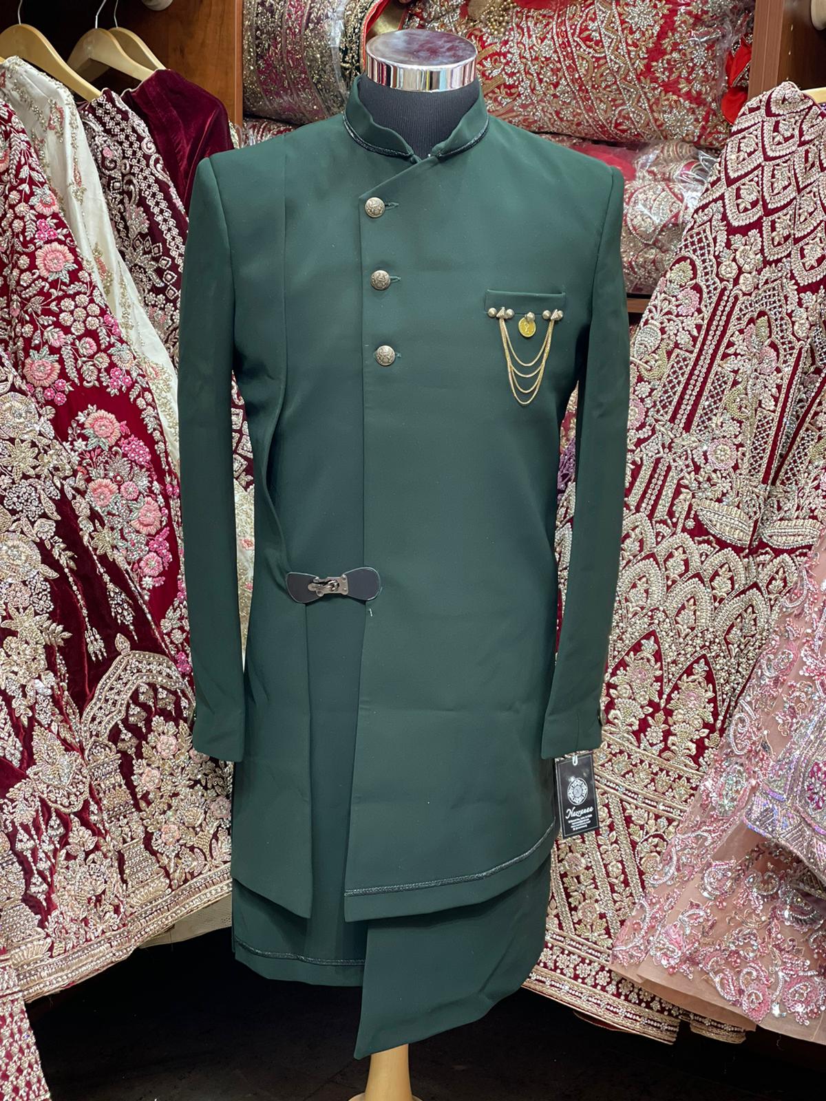 Olive Green Indo Western Sherwani- S1301