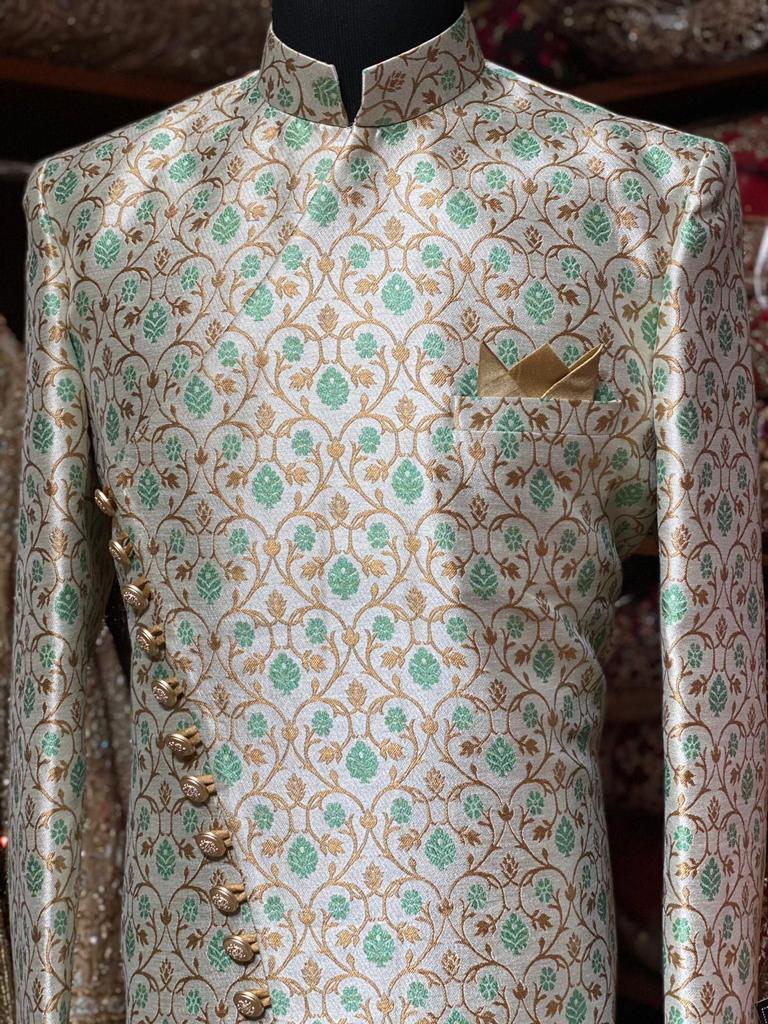 Mint Floral Print Brocade Size 42 Sherwani