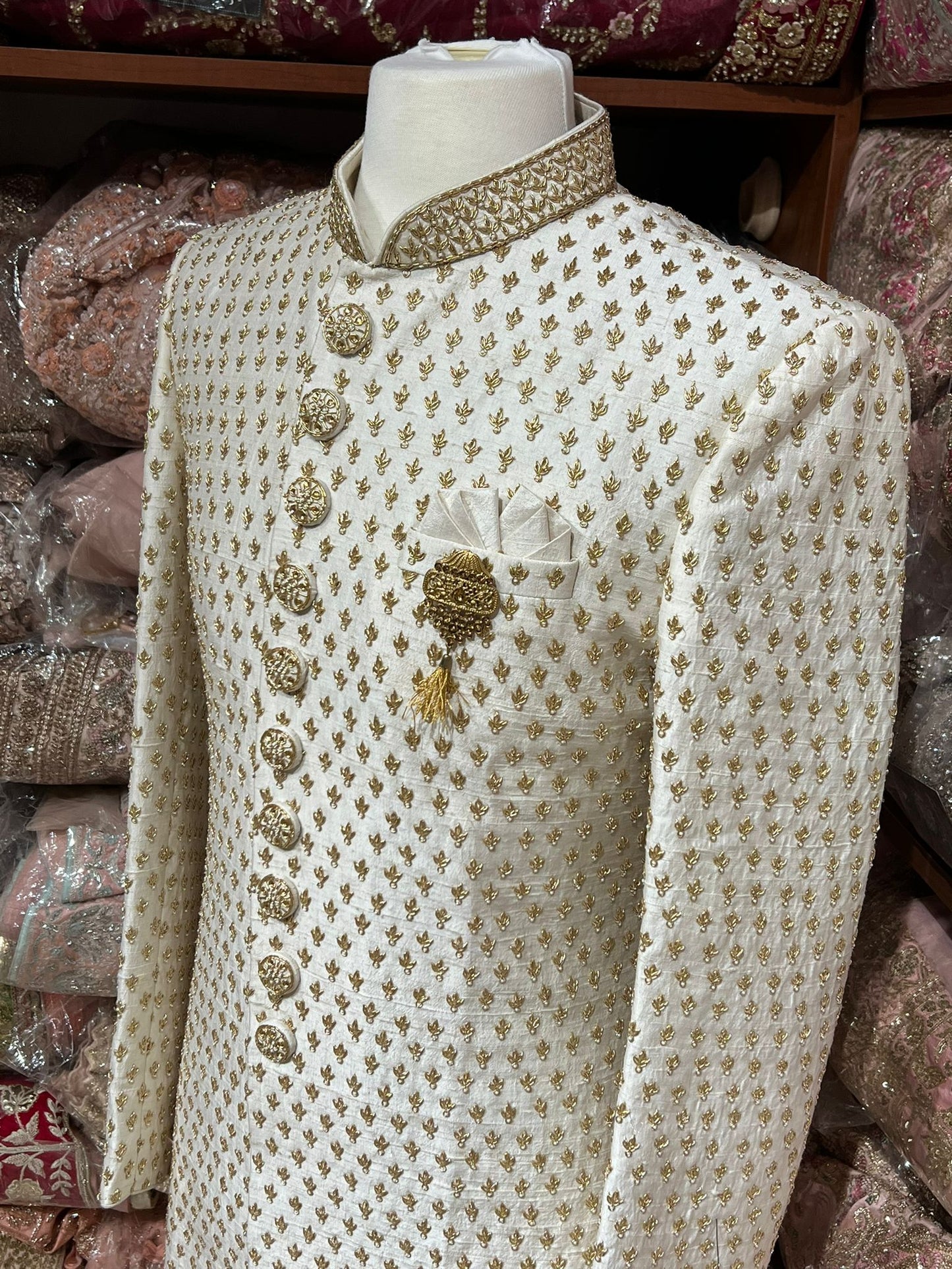 Pearl White Zari Embroidery Sherwani- M-1489