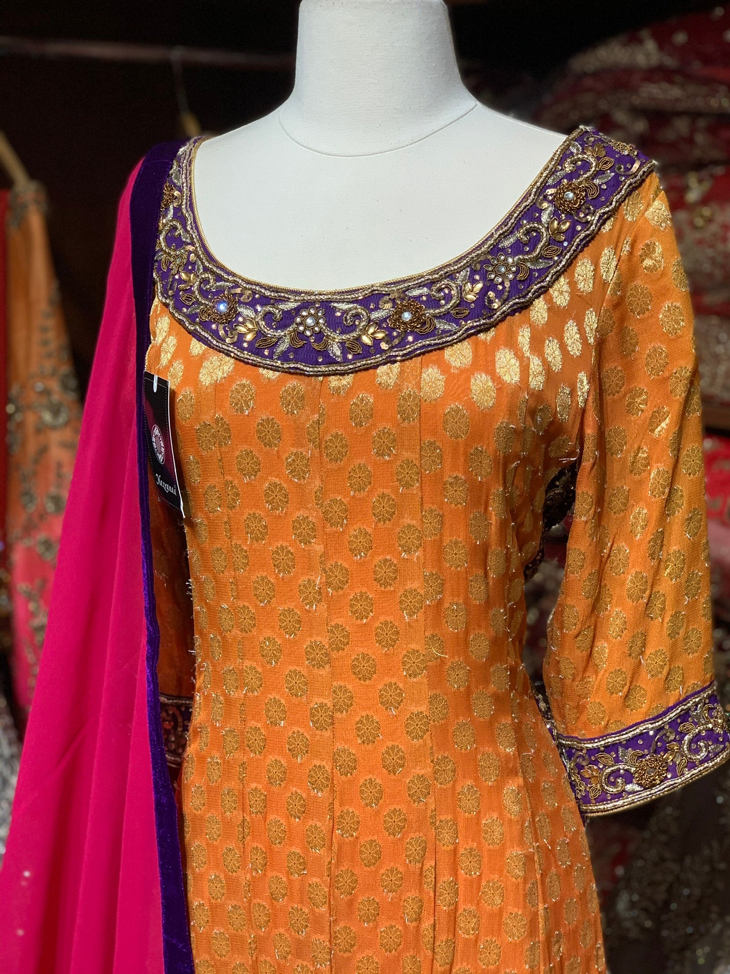 Orange XXL Georgette Brocade Anarkali