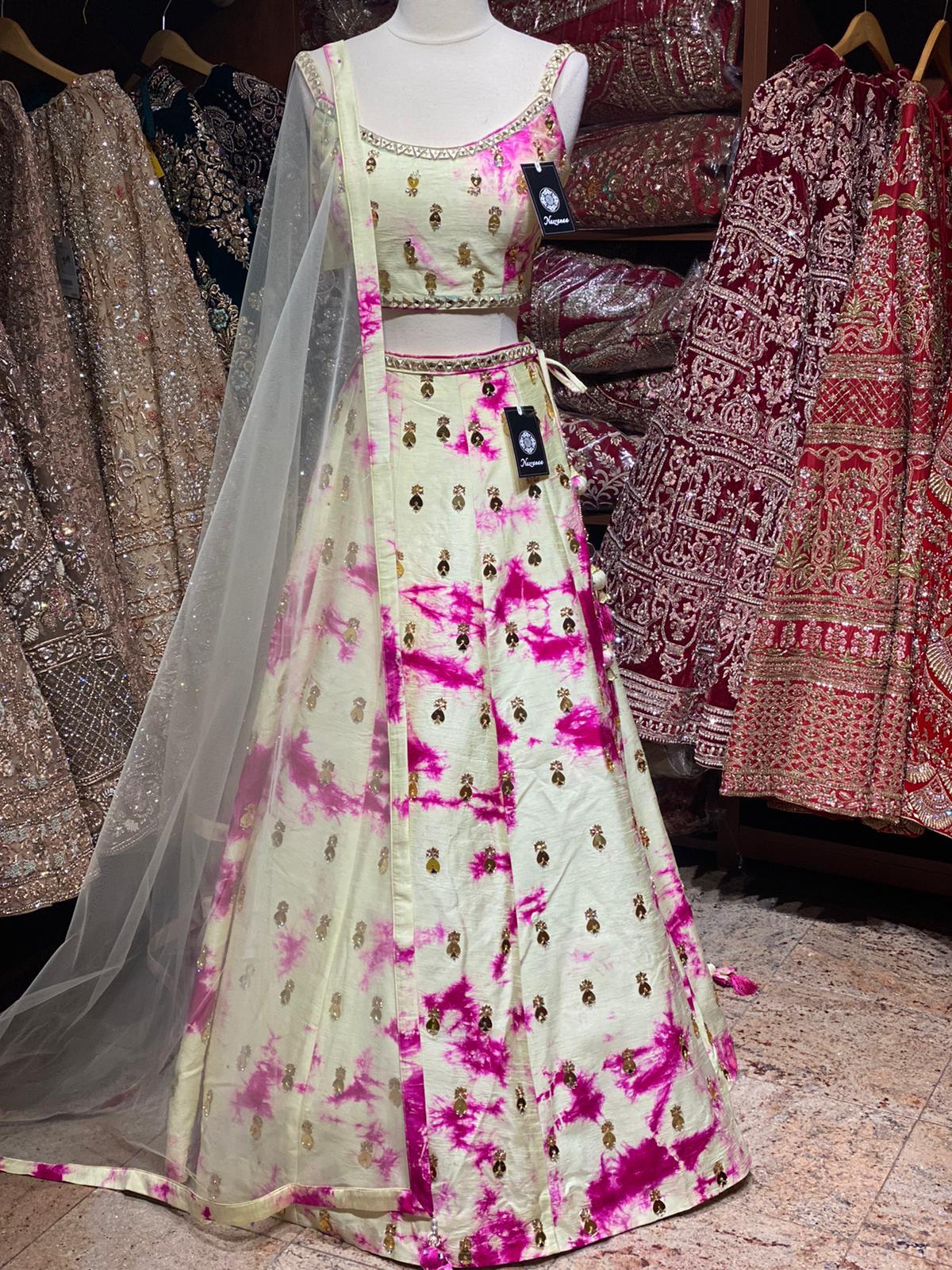 Dark Cream Tie & Dye Party Wear Lehenga PWL-057