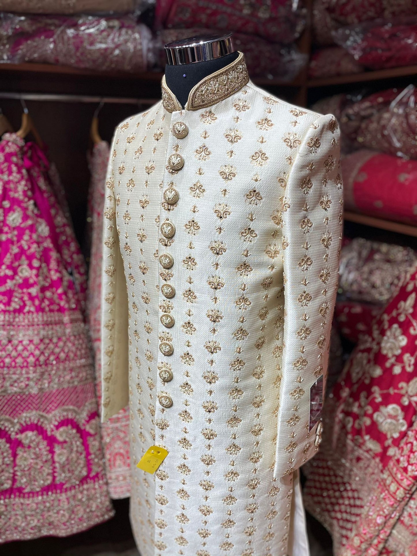 Pearl White & Gold Silk Embroidered Sherwani- S46