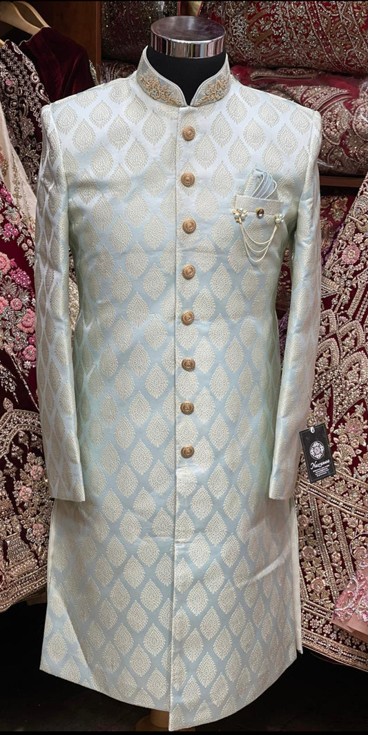 Ice Blue Thread Embroidered Sherwani- S13-S1317