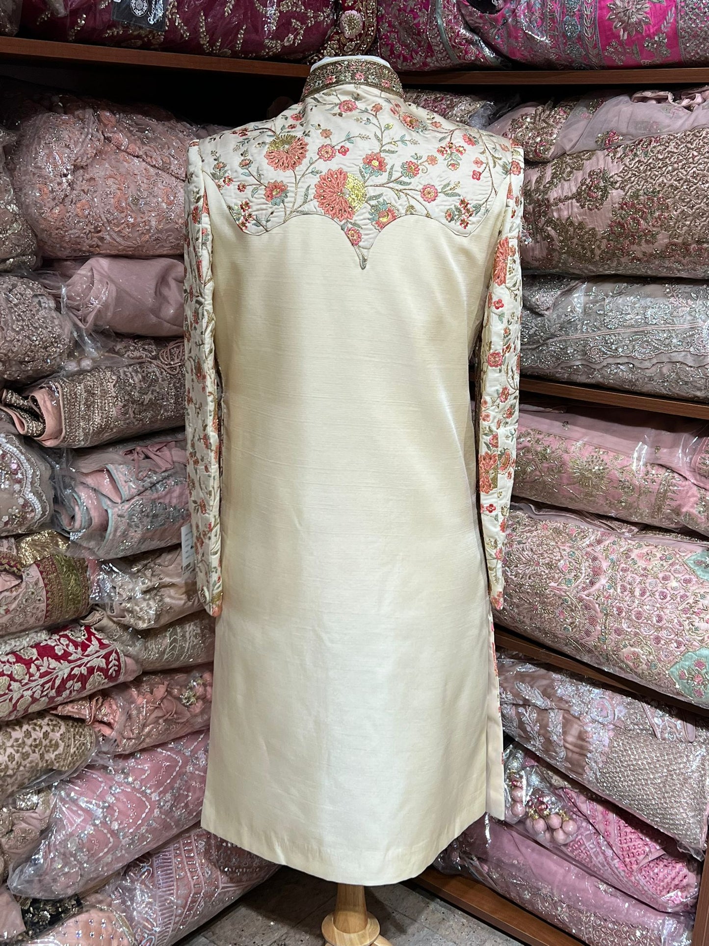 Beige Cream Floral Embroidered Sherwani