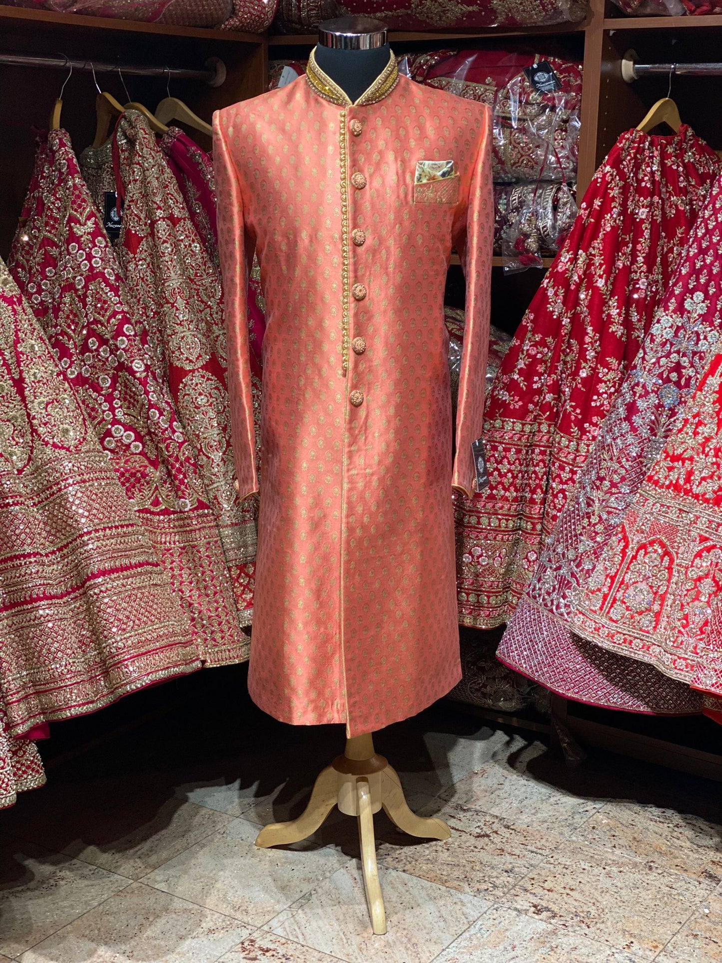 Melon Orange Brocade Sherwani