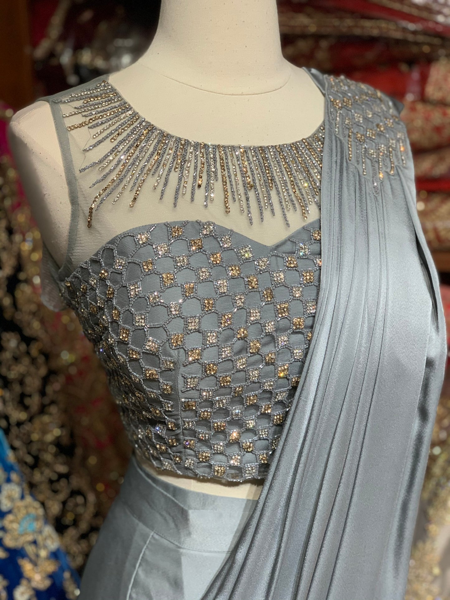 Grey Pre-Stitched Saree W/ Readymade Blouse PSS-16