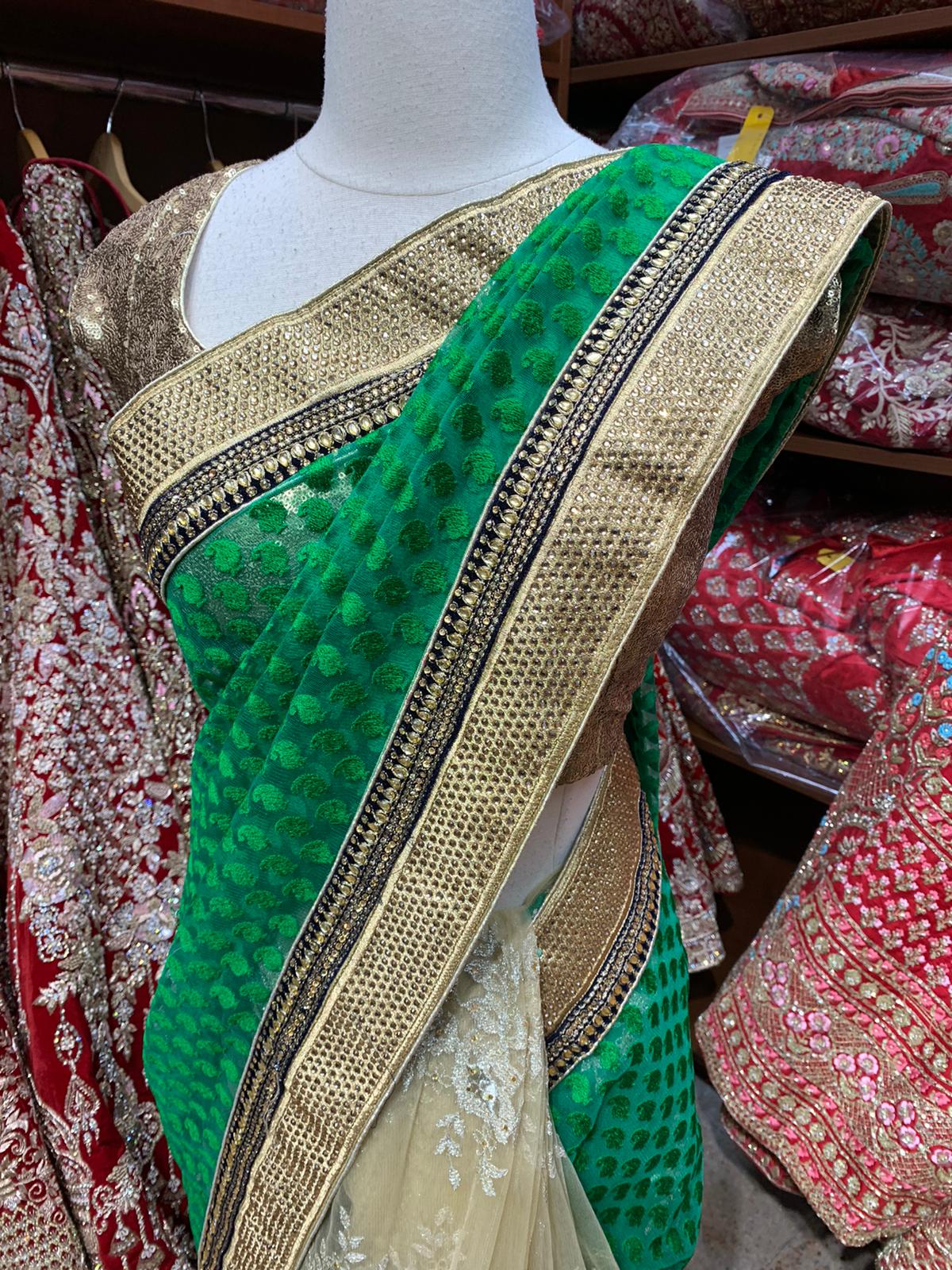 Dark Green & Cream Saree PWS-060