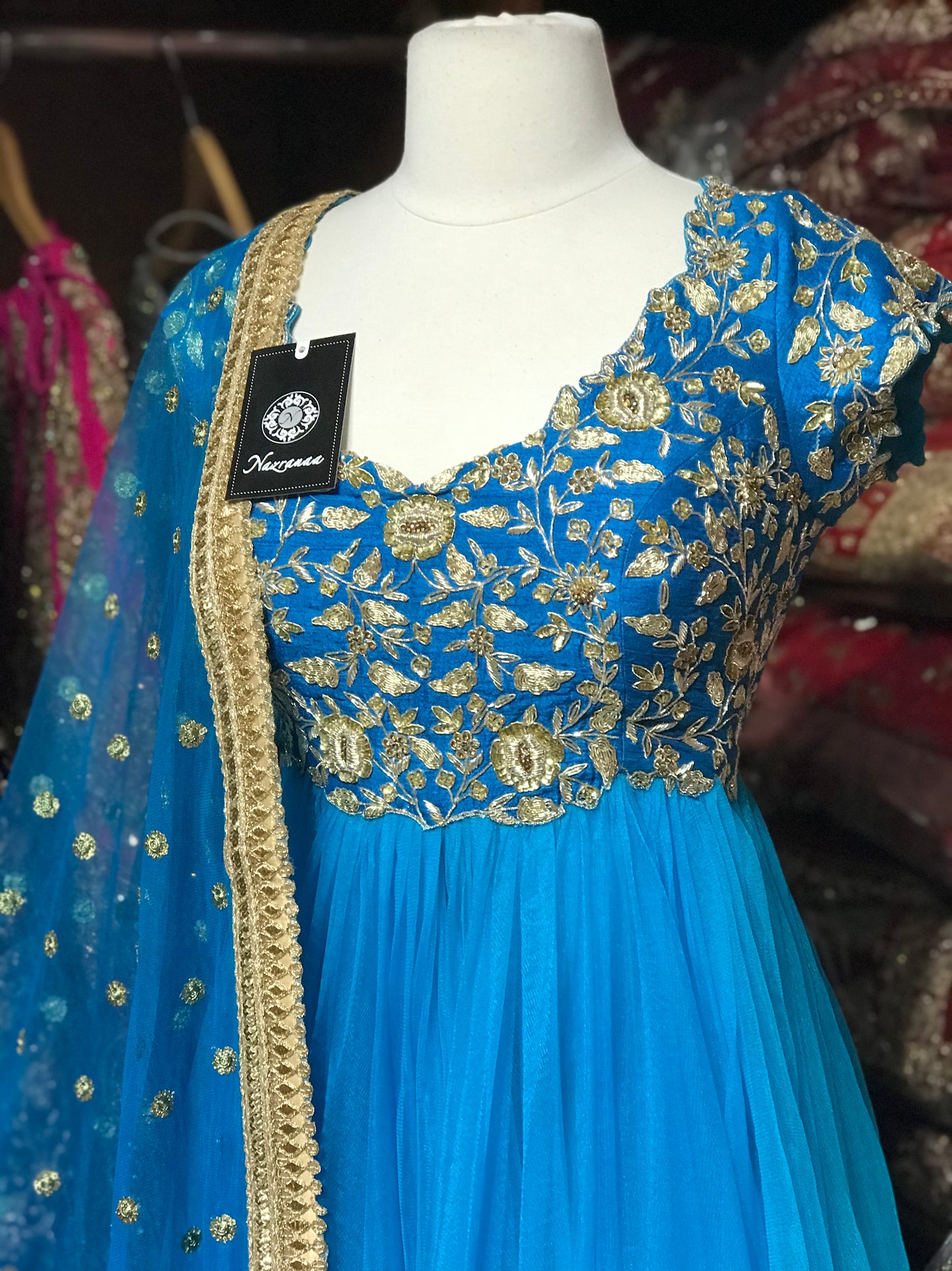 Bright Blue Size 38 Pleated Anarkali