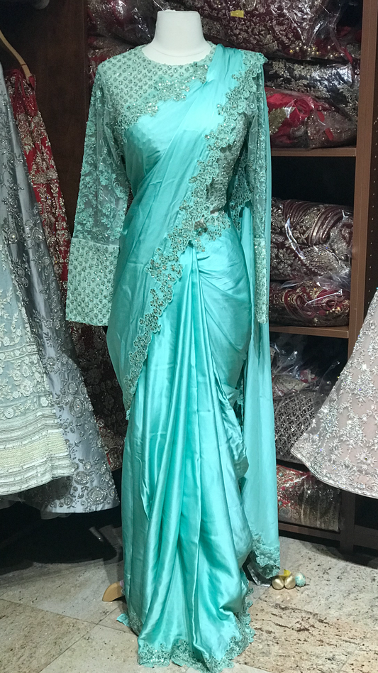 Aqua Teal Saree W/ Readymade Blouse