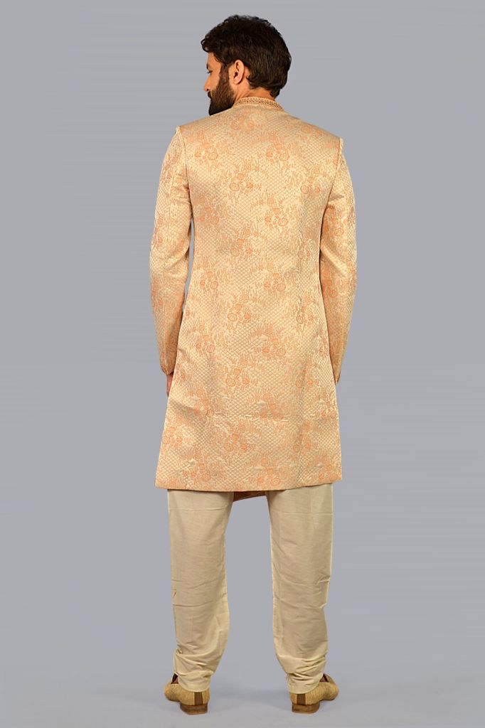 Peach Orange Silk Woven Brocade Sherwani